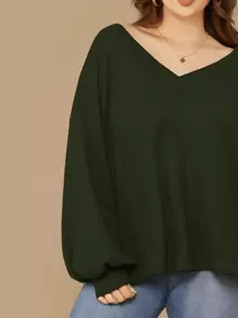 SHEIN LUNE Plus Drop Shoulder Lantern Sleeve Waffle Knit Top - Dark Green - View 4