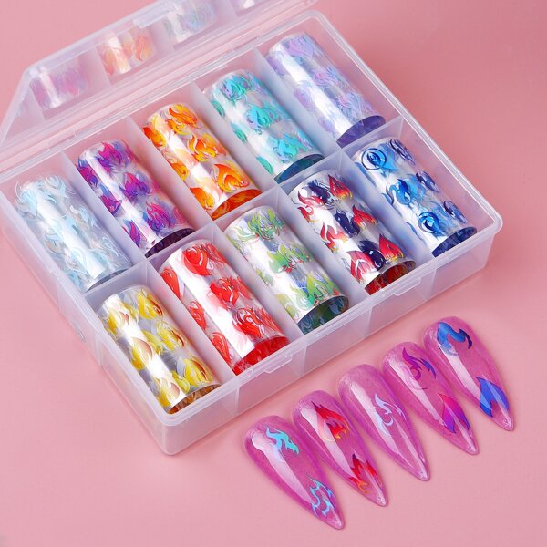 

10rolls Flame Print Nail Transfer Sticker, Multicolor