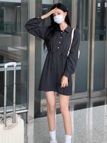 素色前紐扣抽繩洋裝 - 深灰色 - 查看 1