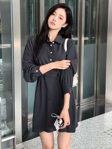 素色前紐扣抽繩洋裝 - 深灰色 - 查看 4