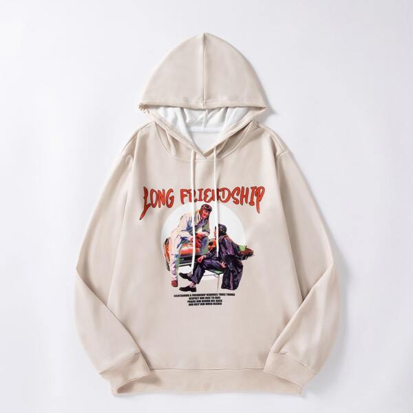 

Men Slogan And Figure Graphic Drawstring Hoodie, Khaki