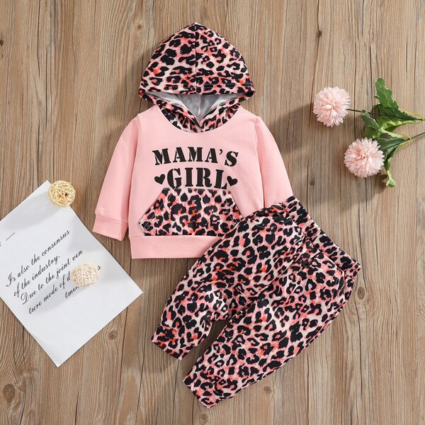 

Baby Leopard & Slogan Graphic Hoodie & Sweatpants, Multicolor