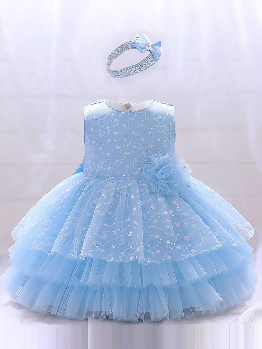 Trang phục tiệc cho bé gái Đề can Thắt lưng ghép mộng kim sa Viên lá sen phân lớp Dây kéo màu trơn Hấp dẫn - Màu xanh nhạt - Xem 1