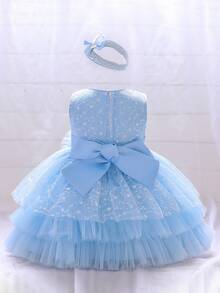 Trang phục tiệc cho bé gái Đề can Thắt lưng ghép mộng kim sa Viên lá sen phân lớp Dây kéo màu trơn Hấp dẫn - Màu xanh nhạt - Xem 2