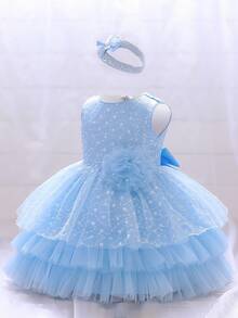 Trang phục tiệc cho bé gái Đề can Thắt lưng ghép mộng kim sa Viên lá sen phân lớp Dây kéo màu trơn Hấp dẫn - Màu xanh nhạt - Xem 3