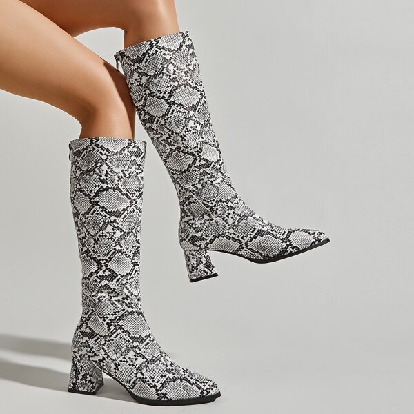 

Snakeskin Print Point Toe Chunky Boots, Black and white