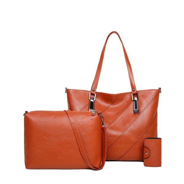 

3pcs Textured Shoulder Tote Bag Set, Brown