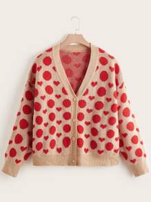 大碼波卡圓點和愛心圖案落肩袖開襟衫 - 彩色 - 查看 1