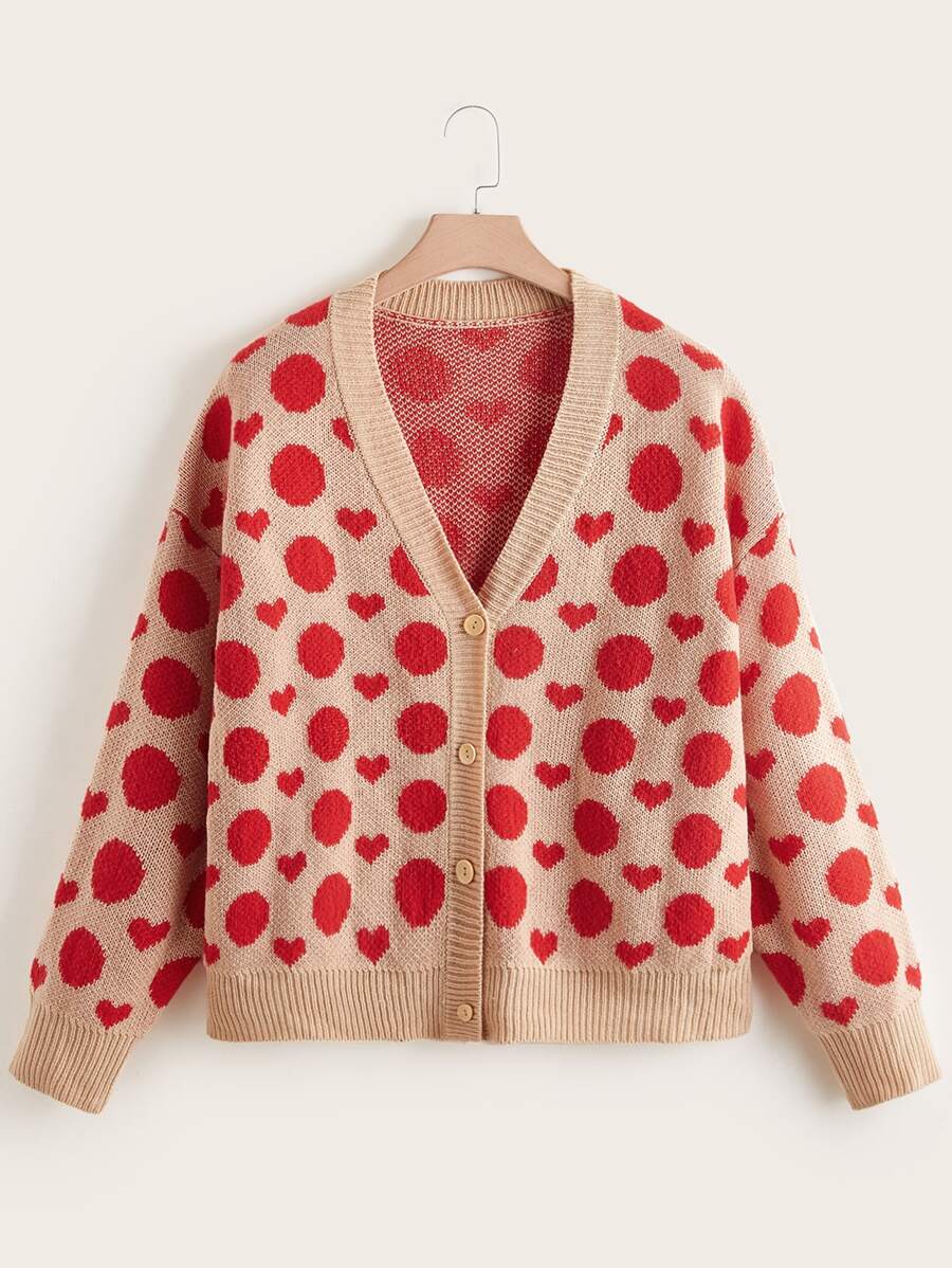 大碼波卡圓點和愛心圖案落肩袖開襟衫 - 彩色 - 查看 1