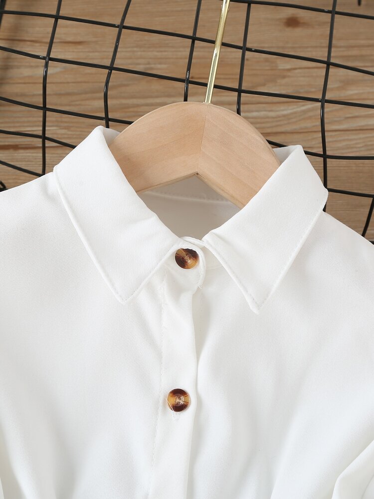 Young Girl Plicated Curved Hem Drop Shoulder Shirt Dress - White - View 5