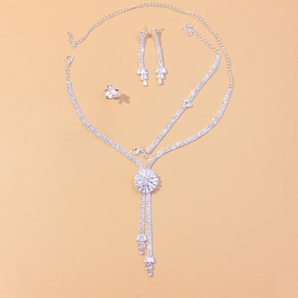 

5pcs Zircon Decor Jewelry Set, Silver