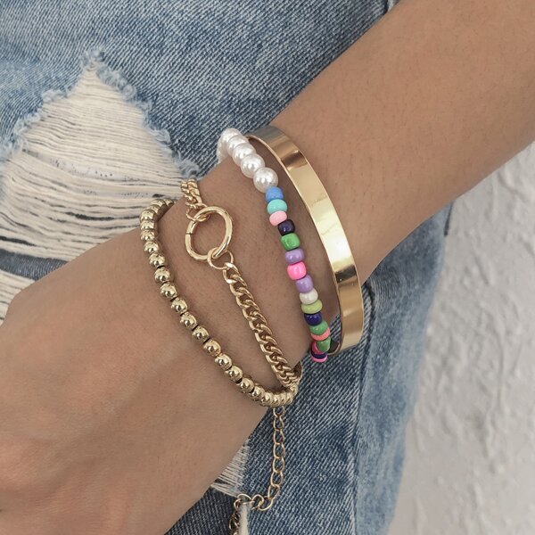 

4pcs Faux Pearl Decor Bracelet, Multicolor