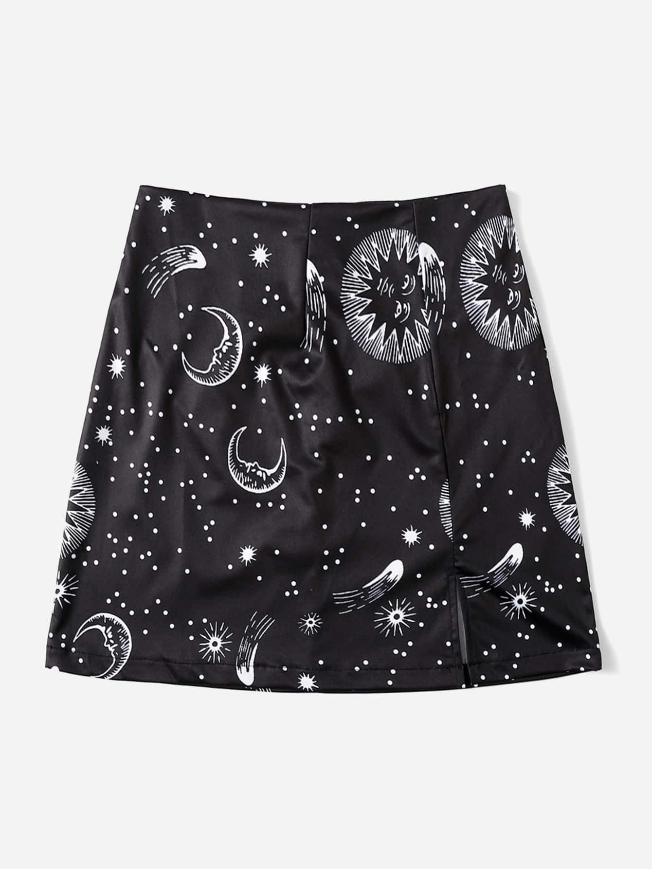 ROMWE 休閒開衩星空女士半身裙 - 黑色 - 查看 1