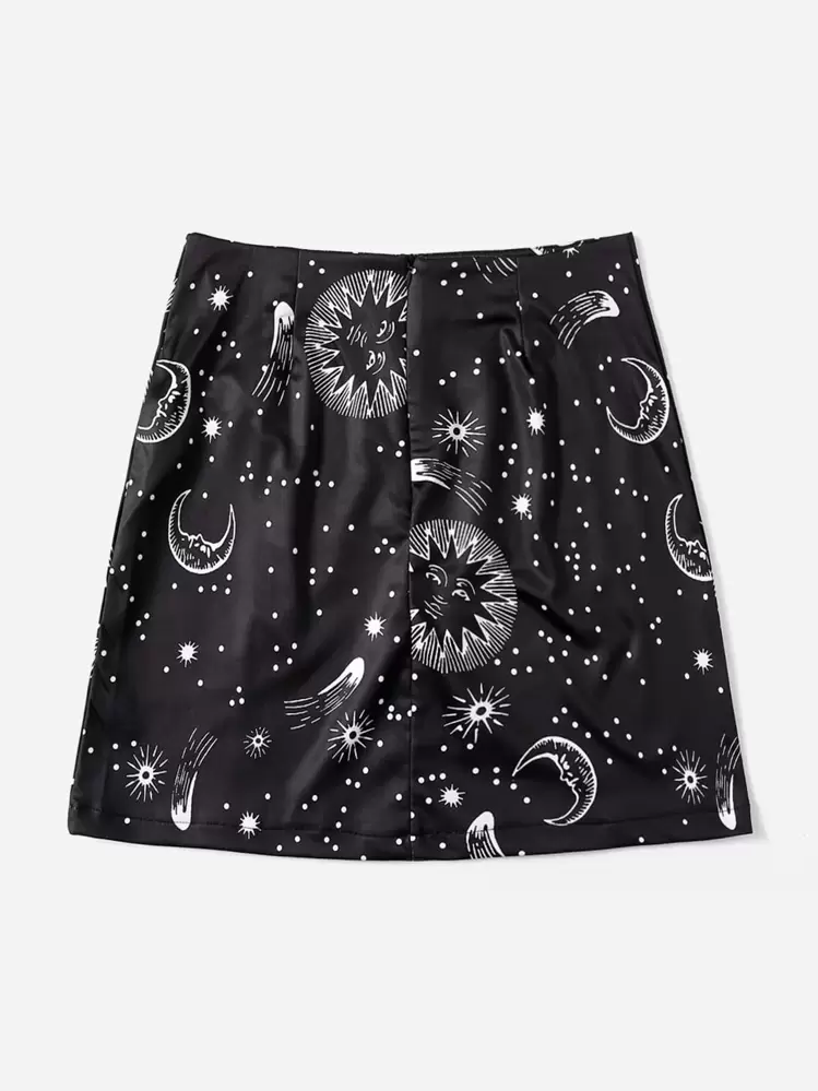 ROMWE 休閒開衩星空女士半身裙 - 黑色 - 查看 2