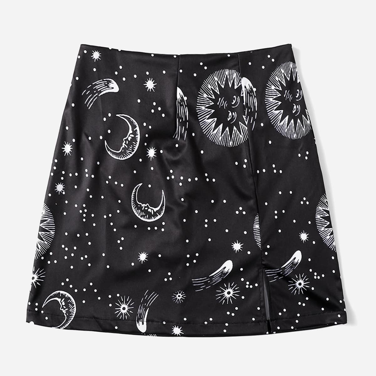 

Sun & Moon Graphic Split Skirt, Black