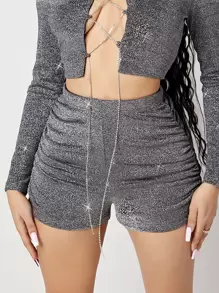 SHEIN BAE Shorts de talle alto fruncido brillante - Plateado - Ver 1