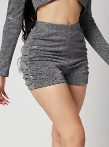 SHEIN BAE Shorts de talle alto fruncido brillante - Plateado - Ver 3