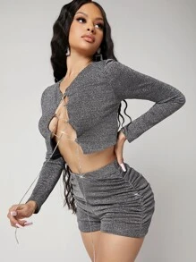 SHEIN BAE Shorts de talle alto fruncido brillante - Plateado - Ver 4