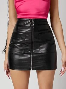 SHEIN BAE 高腰雙口袋PU皮革包臀半身裙 - 黑色 - 查看 1