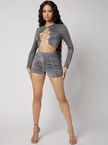 SHEIN BAE Shorts de talle alto fruncido brillante - Plateado - Ver 5