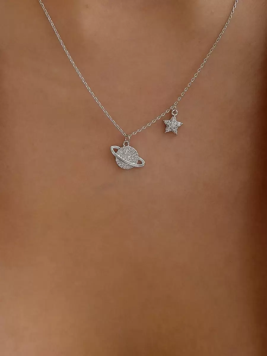 Rhinestone Planet Charm Necklace - Silver - View 1