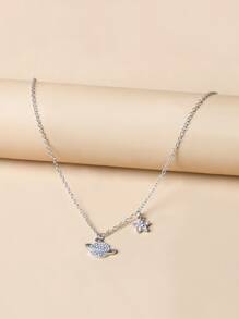 Rhinestone Planet Charm Necklace - Silver - View 2