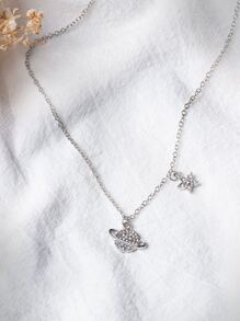 Rhinestone Planet Charm Necklace - Silver - View 5