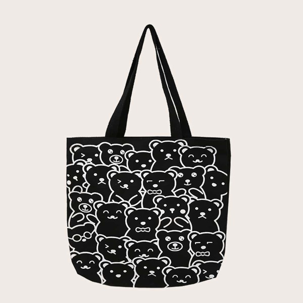 

Cartoon Graphic Shoulder Tote Bag, Black and white