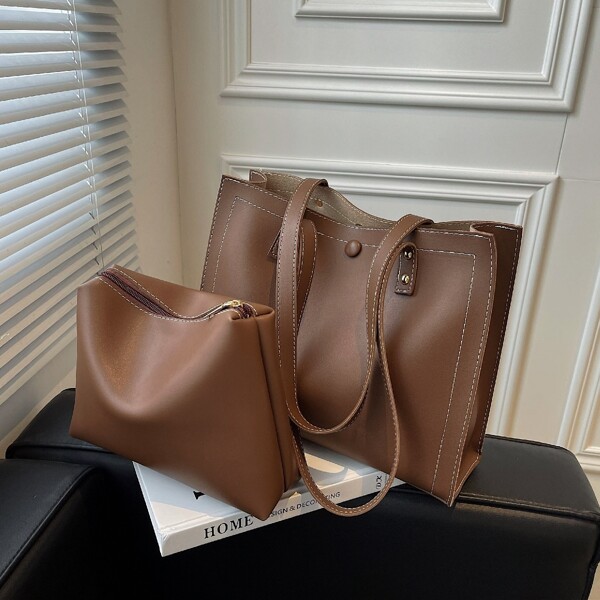

Minimalist Shoulder Tote Bag With Inner Pouch, Coffee brown