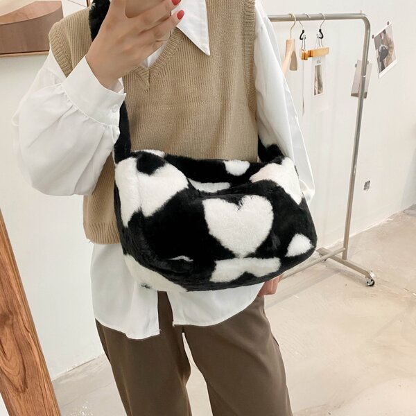 

Heart Graphic Fluffy Square Bag, Black and white