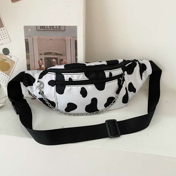 

Cow Print Chain Decor Fanny Pack, Black and white