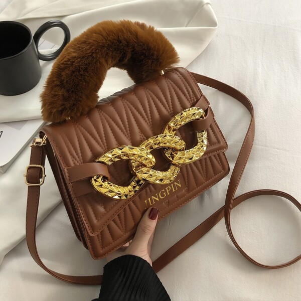 

Textured Fluffy Trim Chain Flap Square Bag, Brown