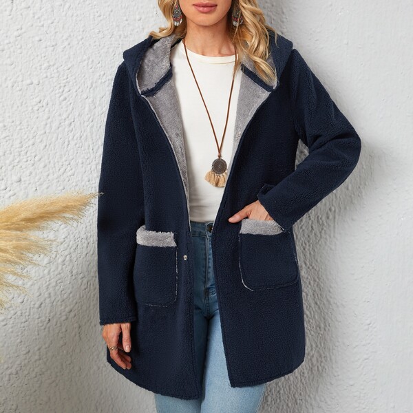 

Dual Pockets Hooded Coat, Navy blue