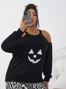 Sudadera con estampado de halloween de hombros descubiertos - Negro - Ver 1