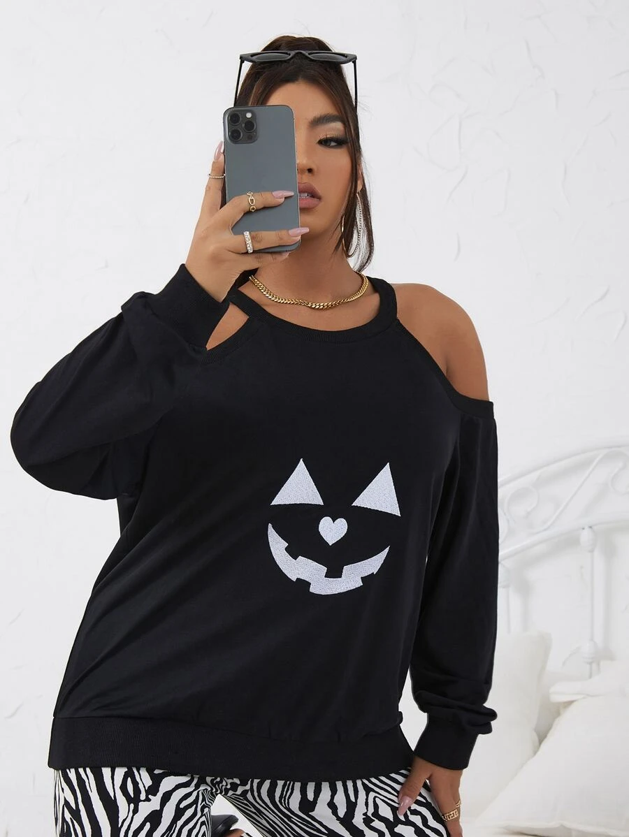 Sudadera con estampado de halloween de hombros descubiertos - Negro - Ver 1