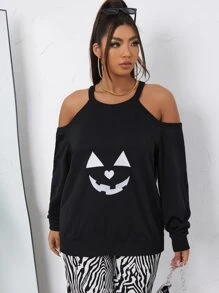 Sudadera con estampado de halloween de hombros descubiertos - Negro - Ver 3