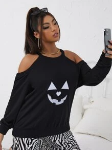 Sudadera con estampado de halloween de hombros descubiertos - Negro - Ver 4