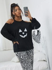 Sudadera con estampado de halloween de hombros descubiertos - Negro - Ver 5