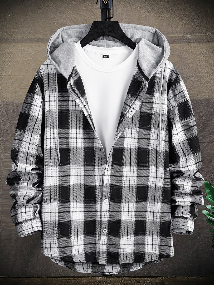 Men Plaid Print Drawstring Hooded High Low Hem Shirt Without Top - Multicolor - View 1