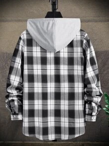 Men Plaid Print Drawstring Hooded High Low Hem Shirt Without Top - Multicolor - View 2
