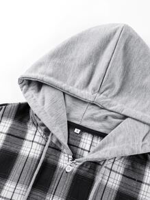 Men Plaid Print Drawstring Hooded High Low Hem Shirt Without Top - Multicolor - View 4