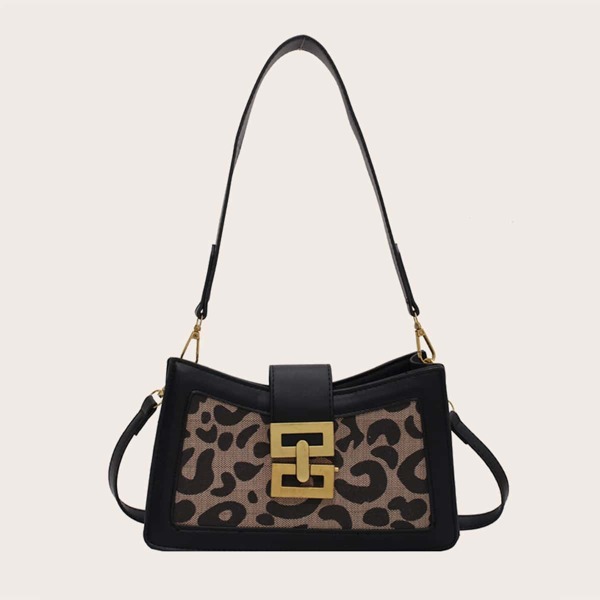 

Metal Decor Leopard Pattern Baguette Bag, Black