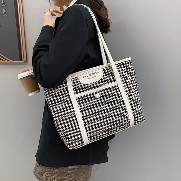 

Houndstooth Pattern Shoulder Tote Bag, Black and white