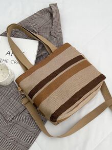 Túi đeo vai họa tiết sọc Colorblock - Màu Khaki - Xem 4