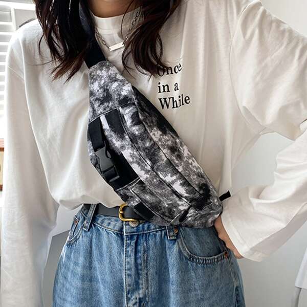 

Tie Dye Buckle Decor Fanny Pack, Black and white