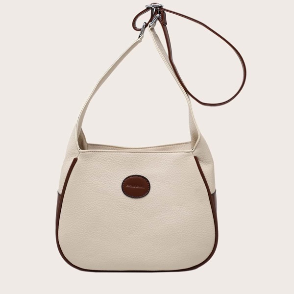 

Letter Patch Litchi Embossed Crossbody Bag, Beige