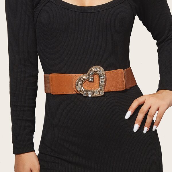 

Rhinestone Heart Decor Corset Belt, Camel