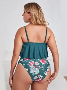 SHEIN Swim Curve Plus Size Floral Print Hanky Hem Tankini Summer Beach - Multicolor - View 2