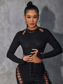 SHEIN SXY Áo thun nữ Cắt ra Gân đan màu trơn Gợi cảm - màu đen - Xem 1