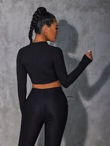 SHEIN SXY Áo thun nữ Cắt ra Gân đan màu trơn Gợi cảm - màu đen - Xem 2